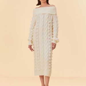 Farm Rio Off White Braided Midi Dress Womens Large Off Shoulder Cowl Knit